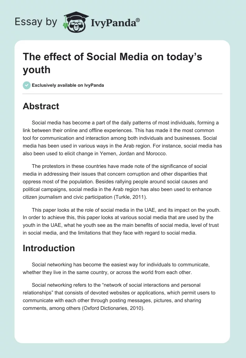 The Effect of Social Media on Today’s Youth. Page 1