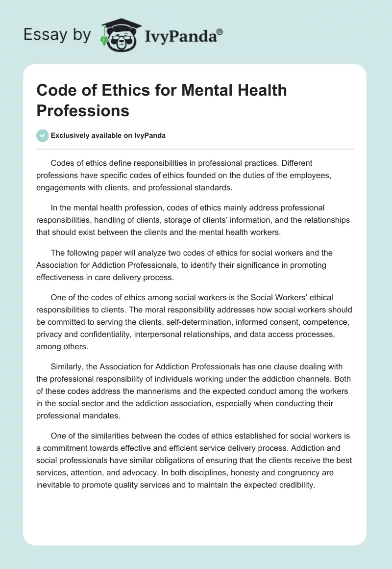 Code of Ethics for Mental Health Professions. Page 1