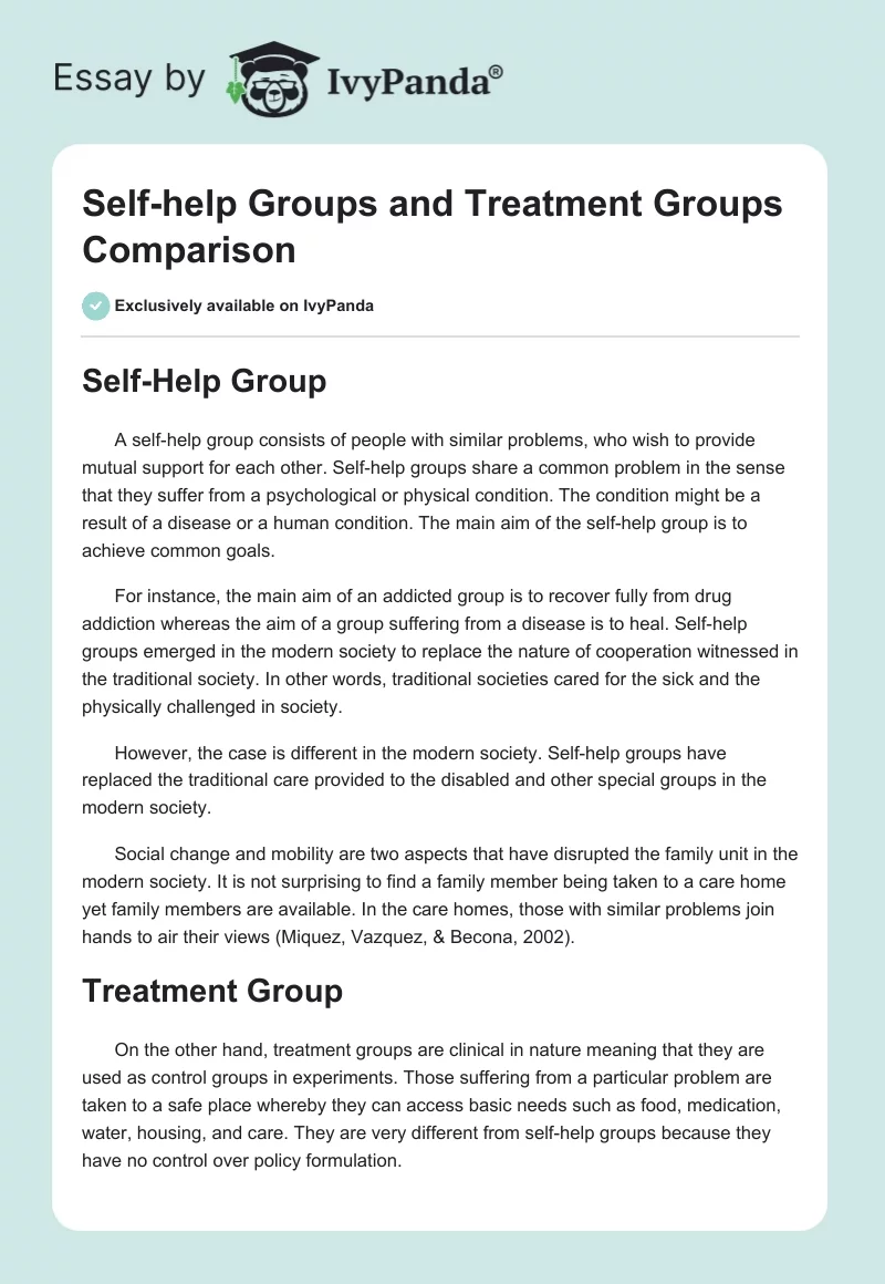 Self-help Groups and Treatment Groups Comparison. Page 1
