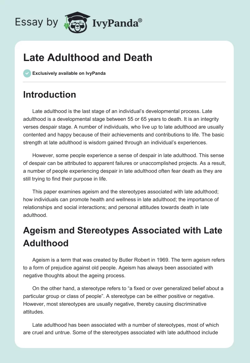 Late Adulthood and Death. Page 1