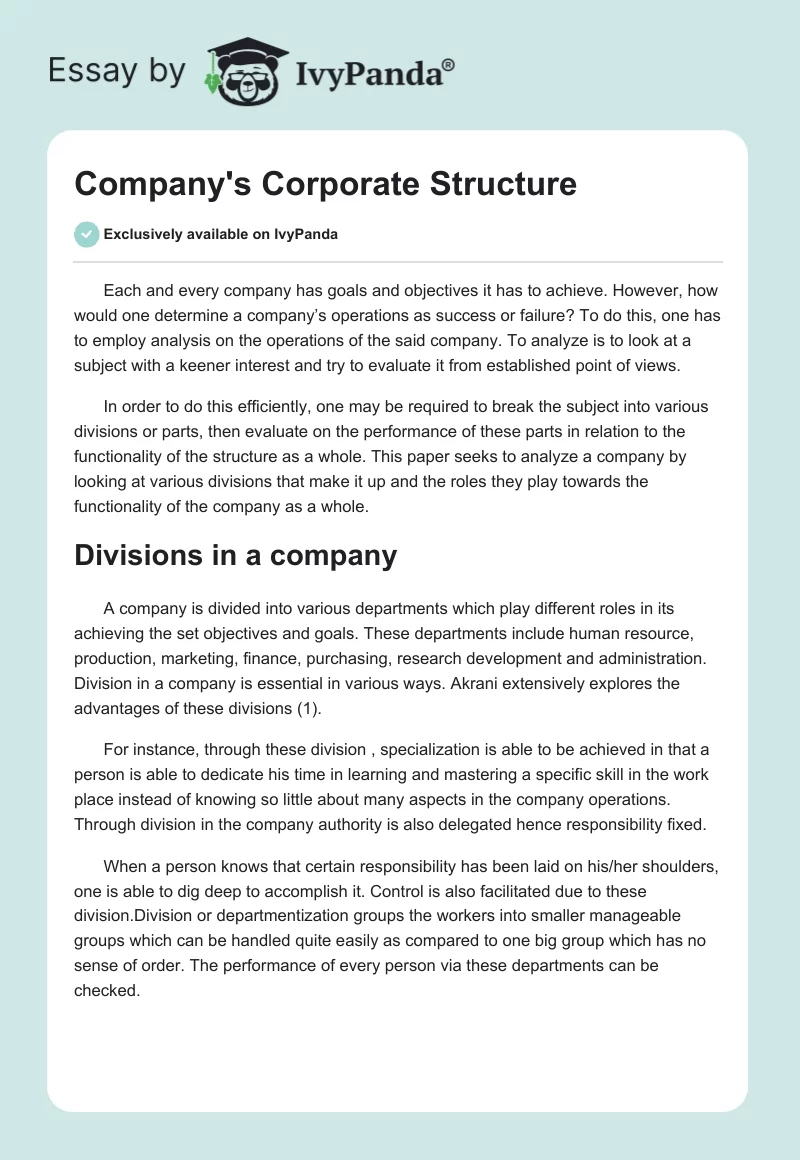 Company's Corporate Structure. Page 1