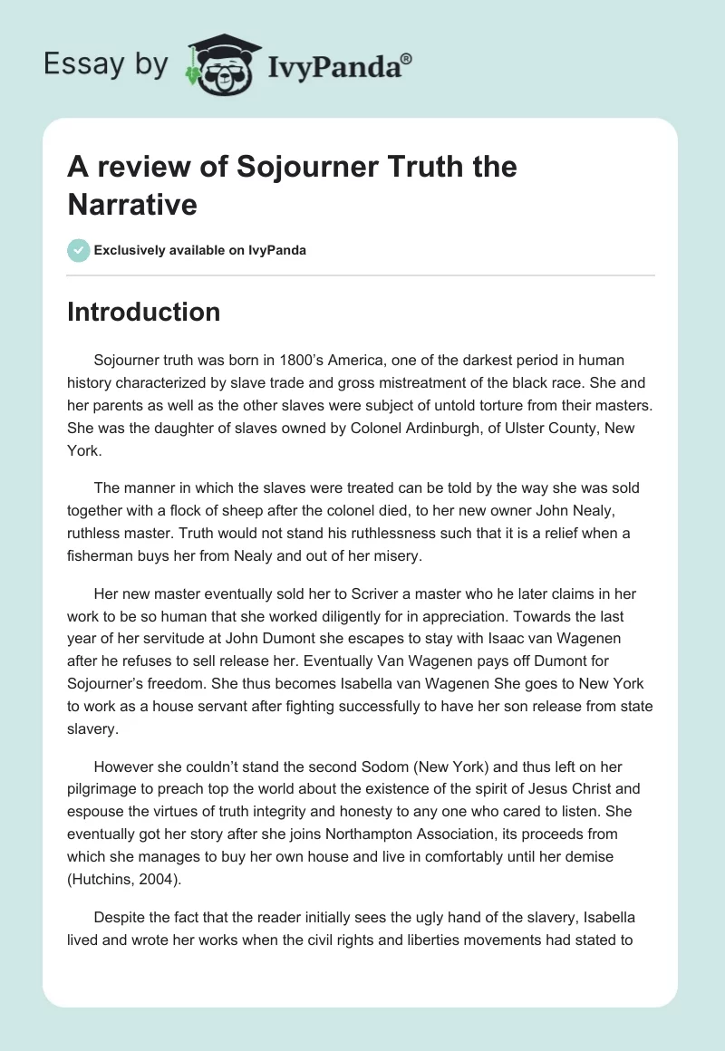 A review of Sojourner Truth the Narrative. Page 1