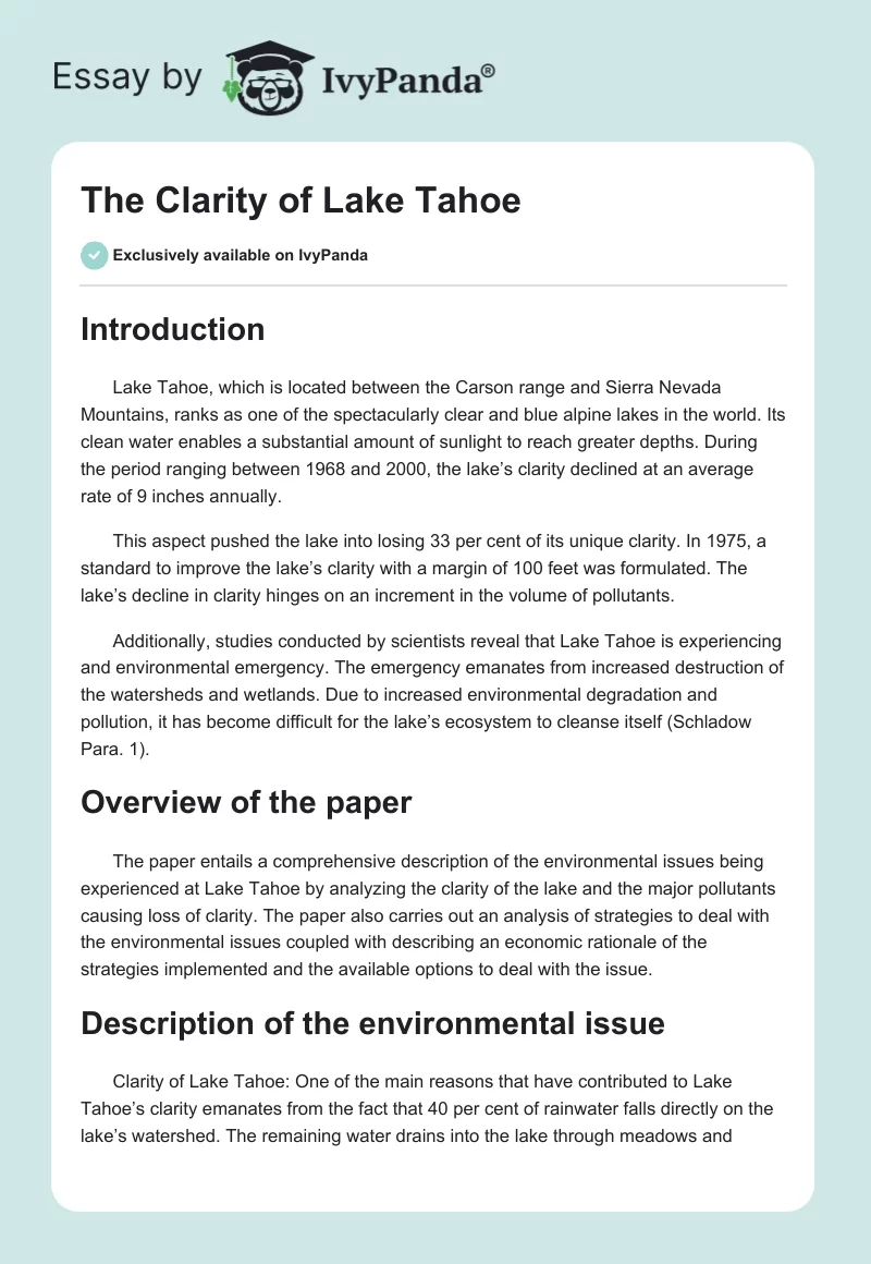 The Clarity of Lake Tahoe. Page 1