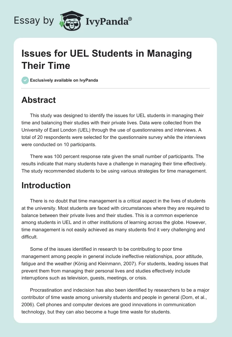 Issues for UEL Students in Managing Their Time. Page 1