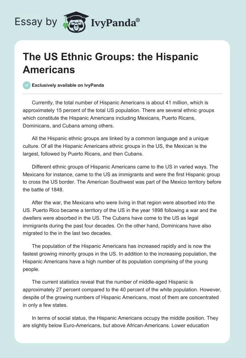 The US Ethnic Groups: the Hispanic Americans. Page 1