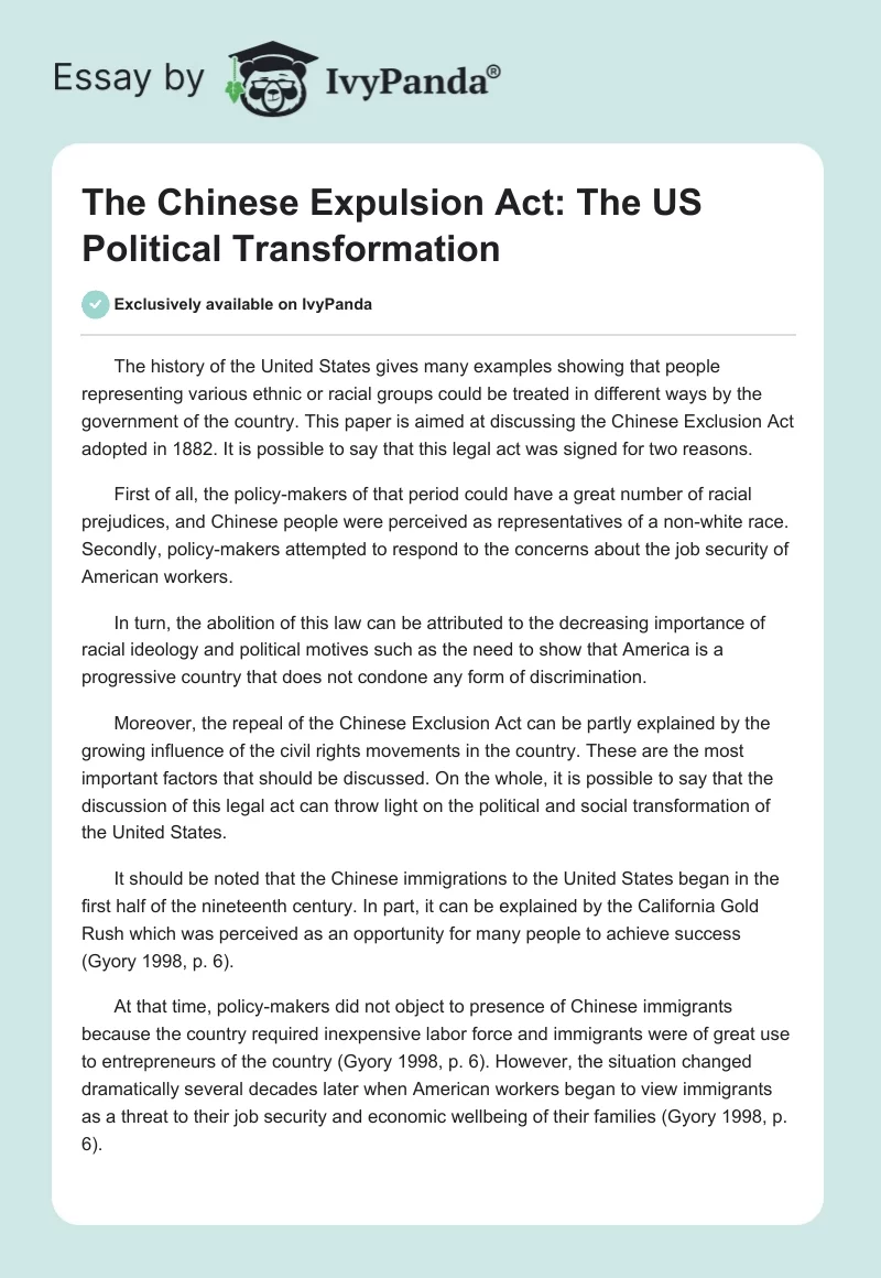 The Chinese Expulsion Act: The US Political Transformation. Page 1