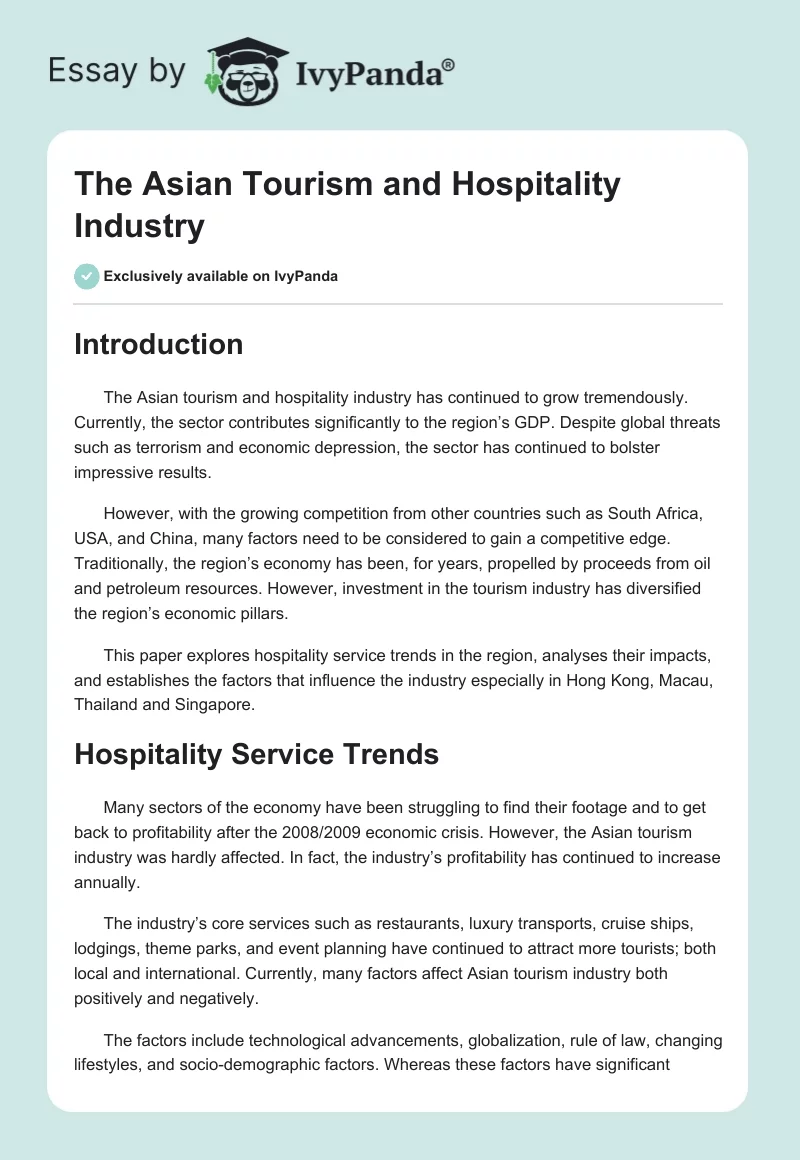 The Asian Tourism and Hospitality Industry. Page 1