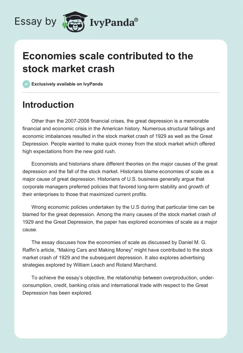 Economies scale contributed to the stock market crash. Page 1