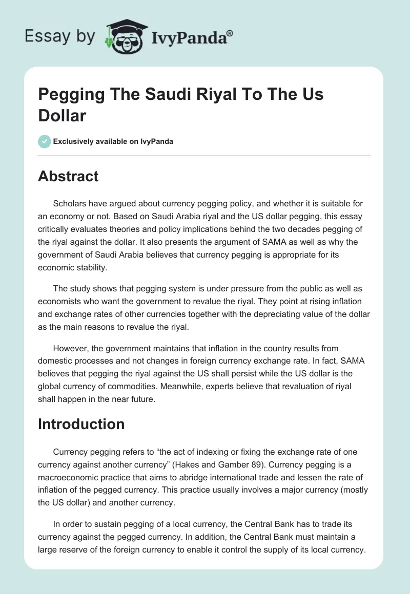 Pegging The Saudi Riyal To The Us Dollar. Page 1