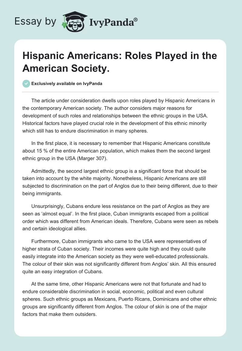 Hispanic Americans: Roles Played in the American Society.. Page 1