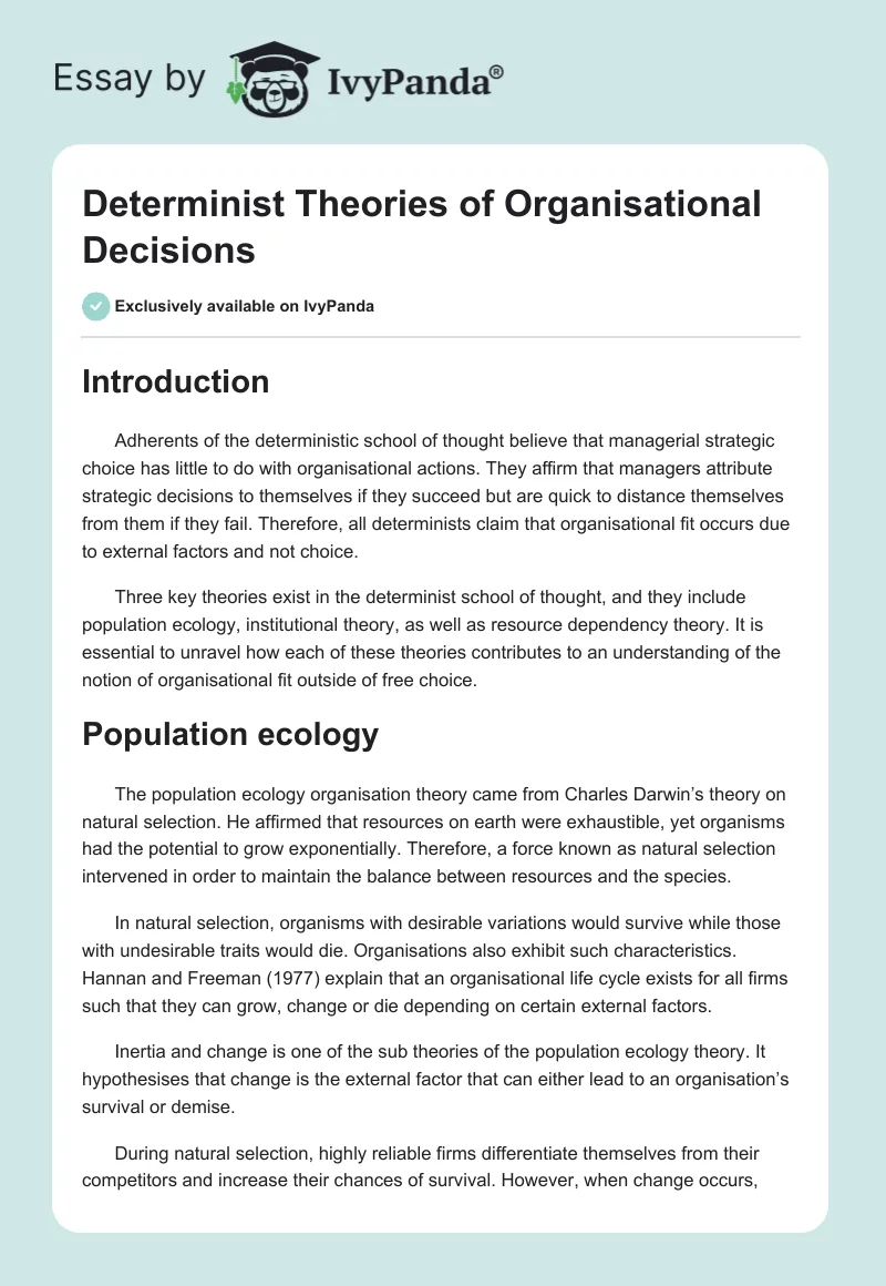 Determinist Theories of Organisational Decisions. Page 1