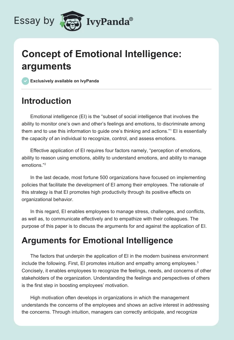 Concept of Emotional Intelligence: Arguments. Page 1