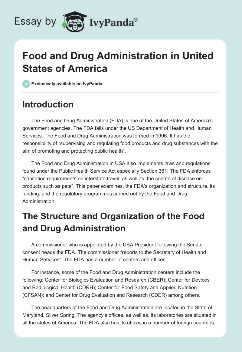 Food and Drug Administration in United States of America. Page 1