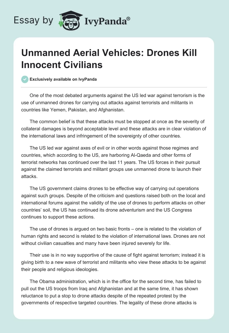 Unmanned Aerial Vehicles: Drones Kill Innocent Civilians. Page 1
