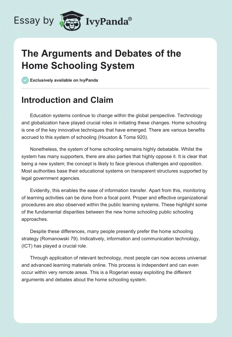 The Arguments and Debates of the Home Schooling System. Page 1