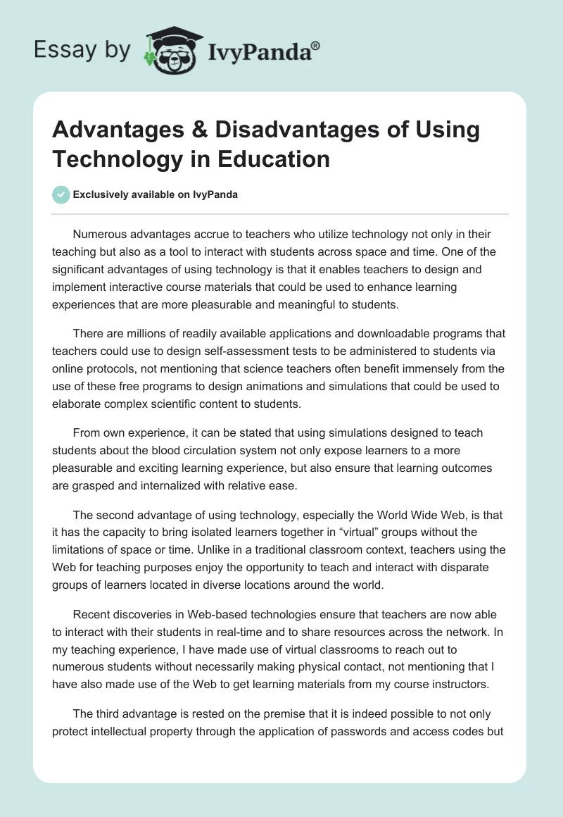 Advantages & Disadvantages of Using Technology in Education. Page 1