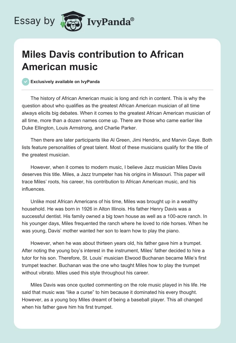 Miles Davis Contribution to African American Music. Page 1