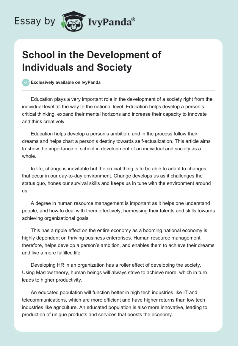 School in the Development of Individuals and Society. Page 1