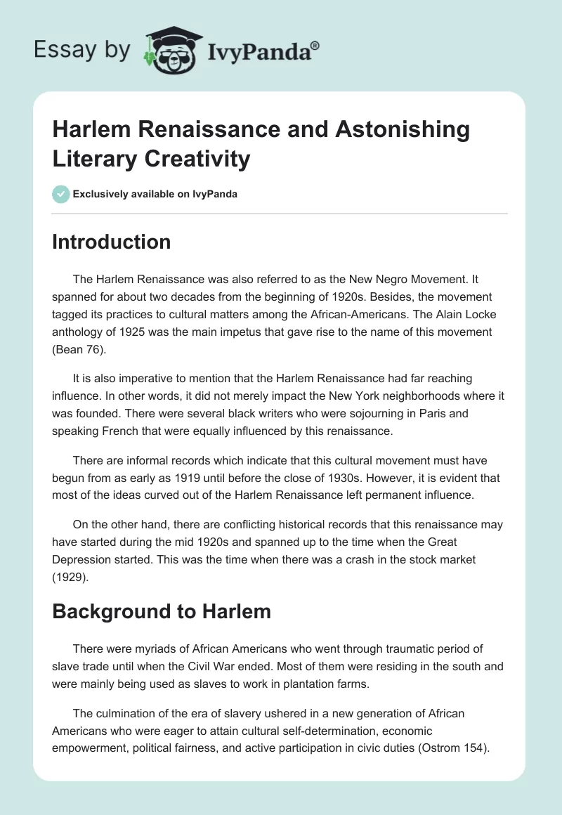 Harlem Renaissance and Astonishing Literary Creativity. Page 1