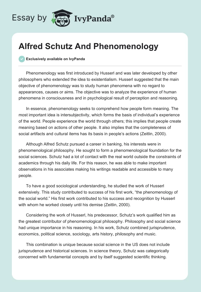 Alfred Schutz And Phenomenology. Page 1