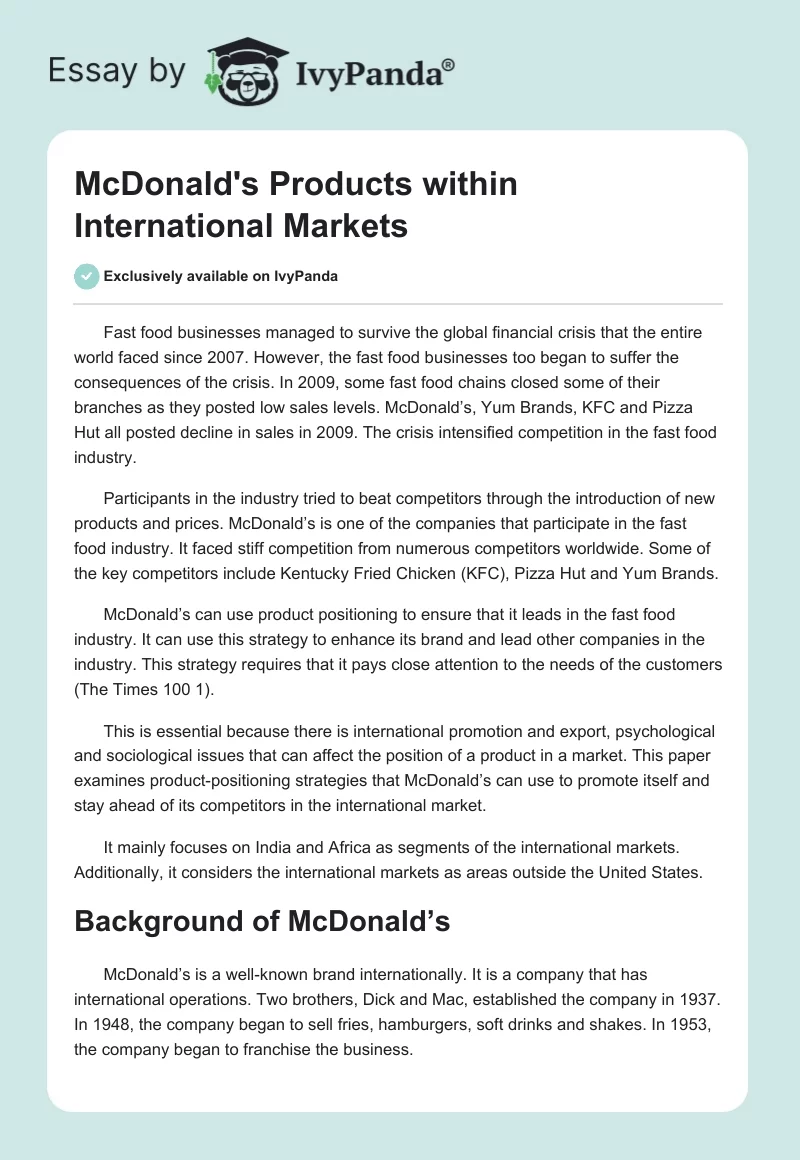 McDonald's Products Within International Markets. Page 1
