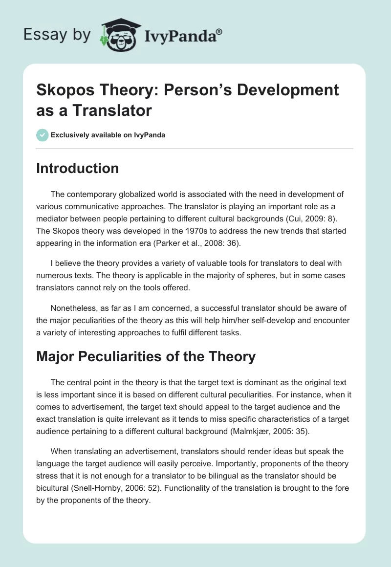 Skopos Theory: Person’s Development as a Translator. Page 1