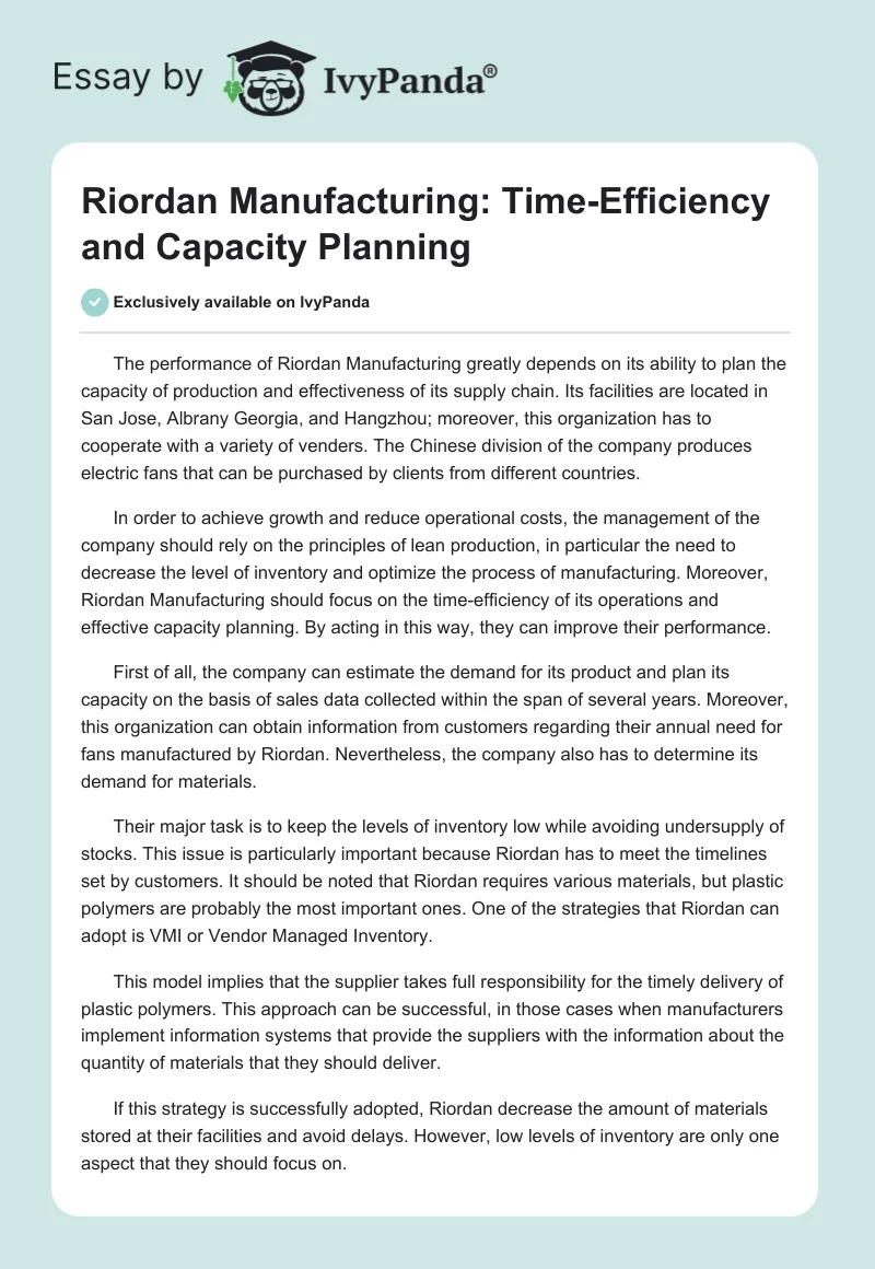 Riordan Manufacturing: Time-Efficiency and Capacity Planning. Page 1