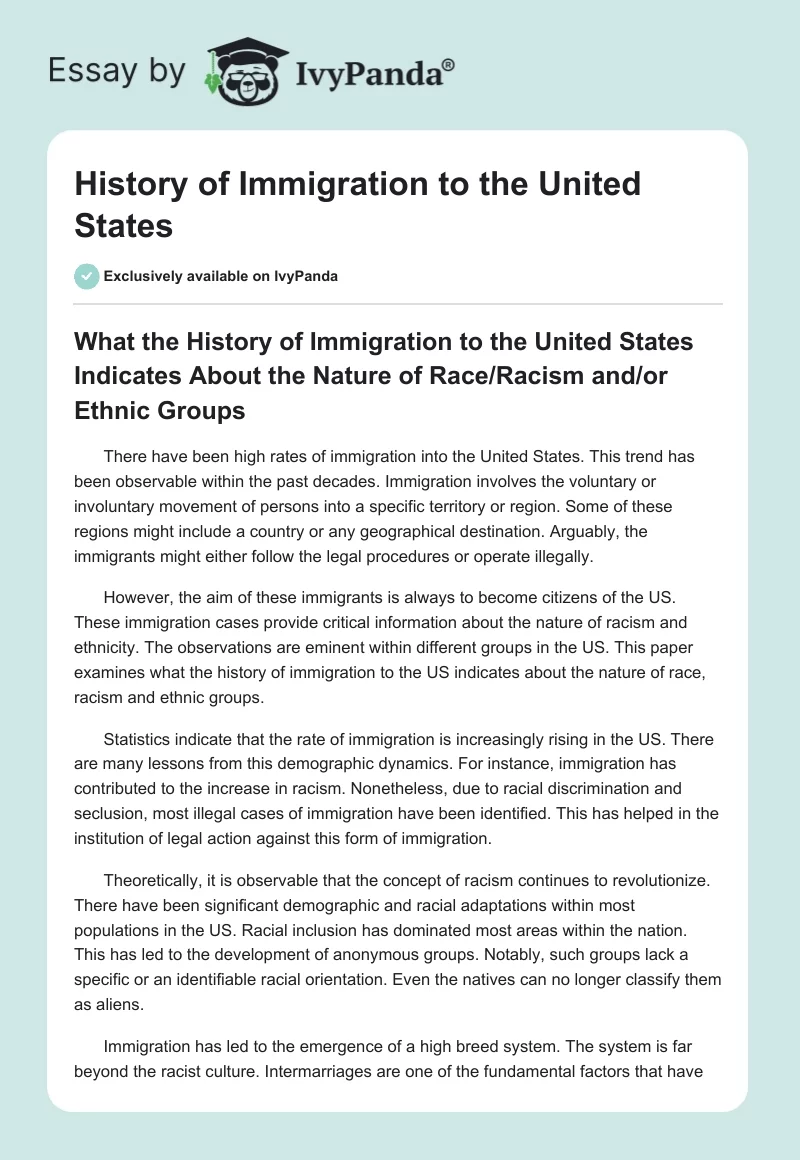 History of Immigration to the United States. Page 1