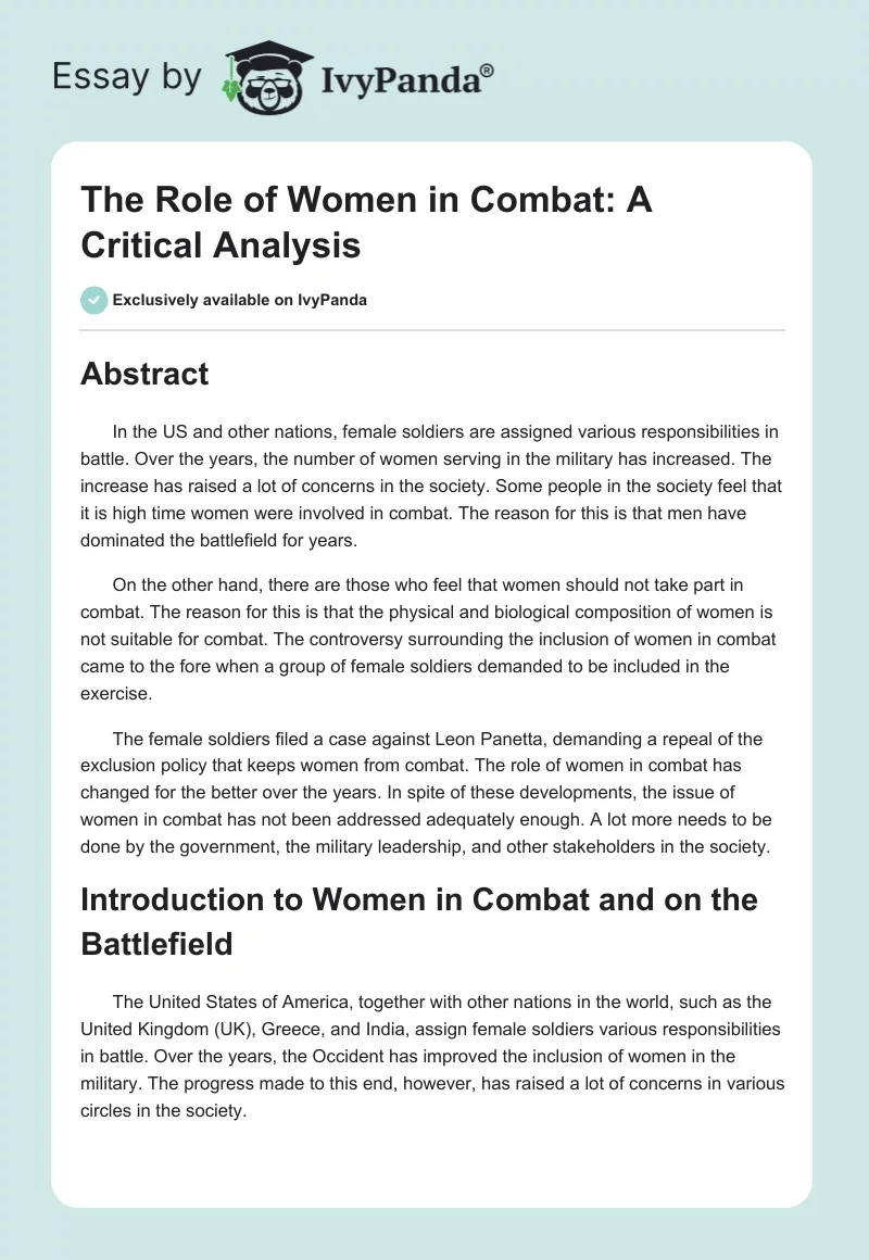 The Role of Women in Combat: A Critical Analysis. Page 1