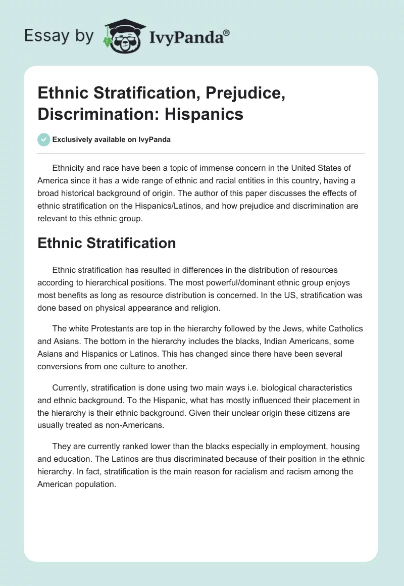 Ethnic Stratification, Prejudice, Discrimination: Hispanics. Page 1