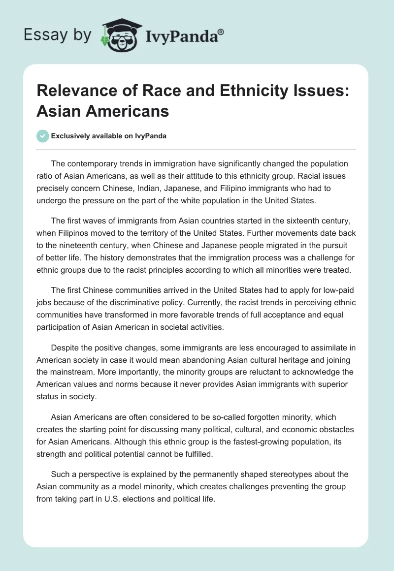Relevance of Race and Ethnicity Issues: Asian Americans. Page 1