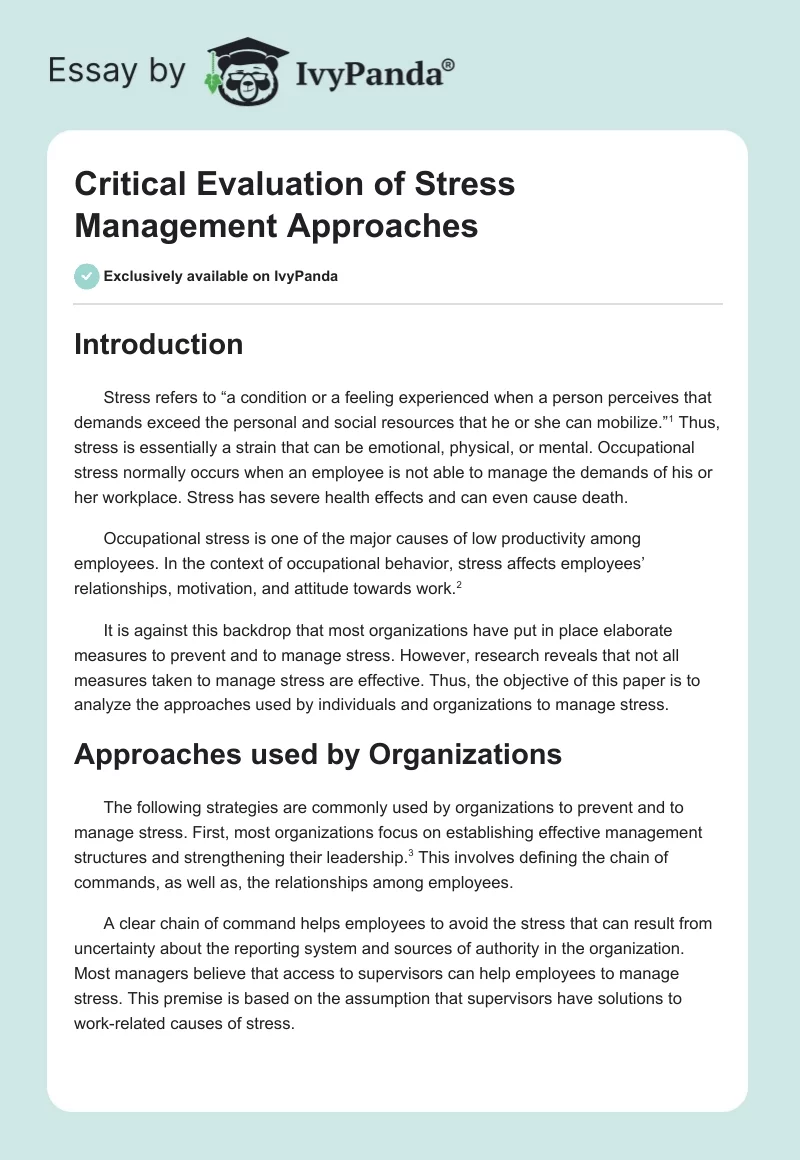 Critical Evaluation of Stress Management Approaches. Page 1