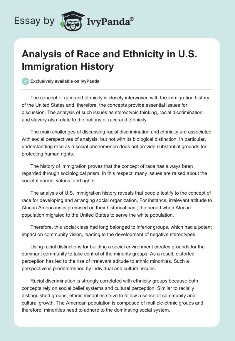 Analysis of Race and Ethnicity in U.S. Immigration History. Page 1