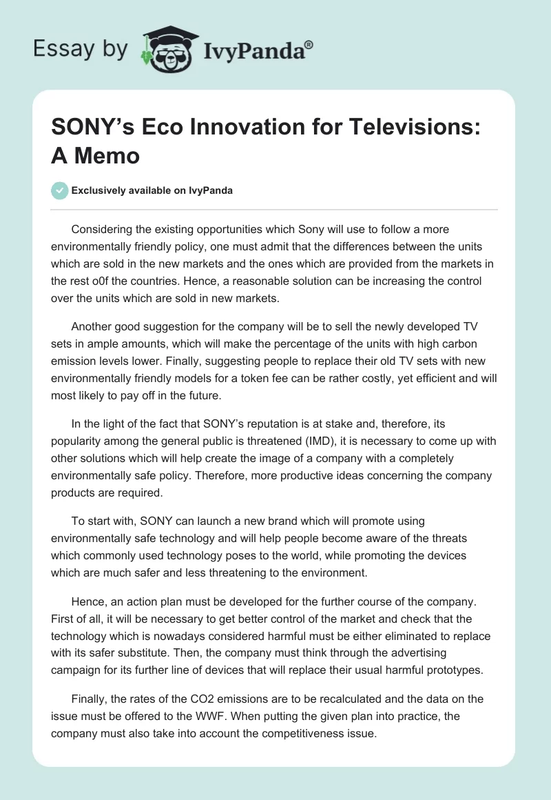 SONY’s Eco Innovation for Televisions: A Memo. Page 1