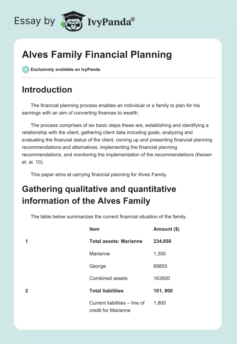 Alves Family Financial Planning. Page 1