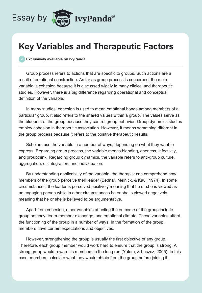 Key Variables and Therapeutic Factors. Page 1