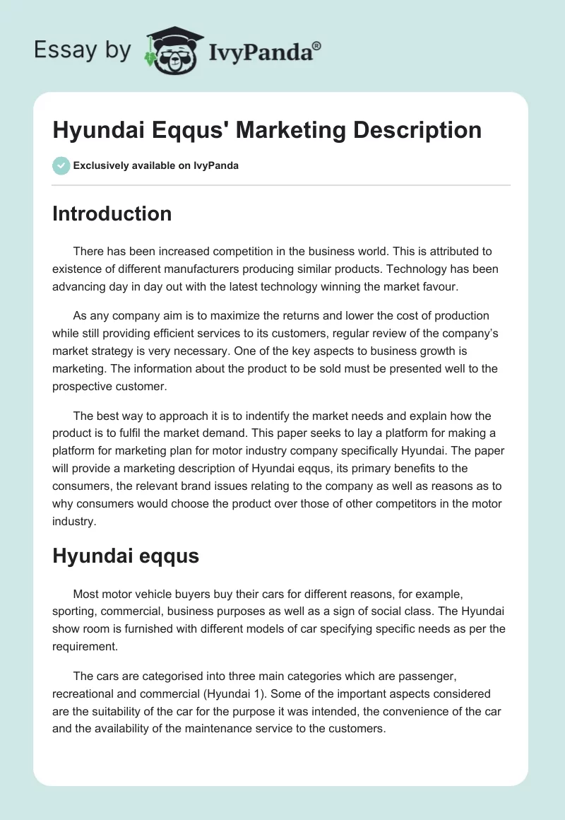 Hyundai Eqqus' Marketing Description. Page 1