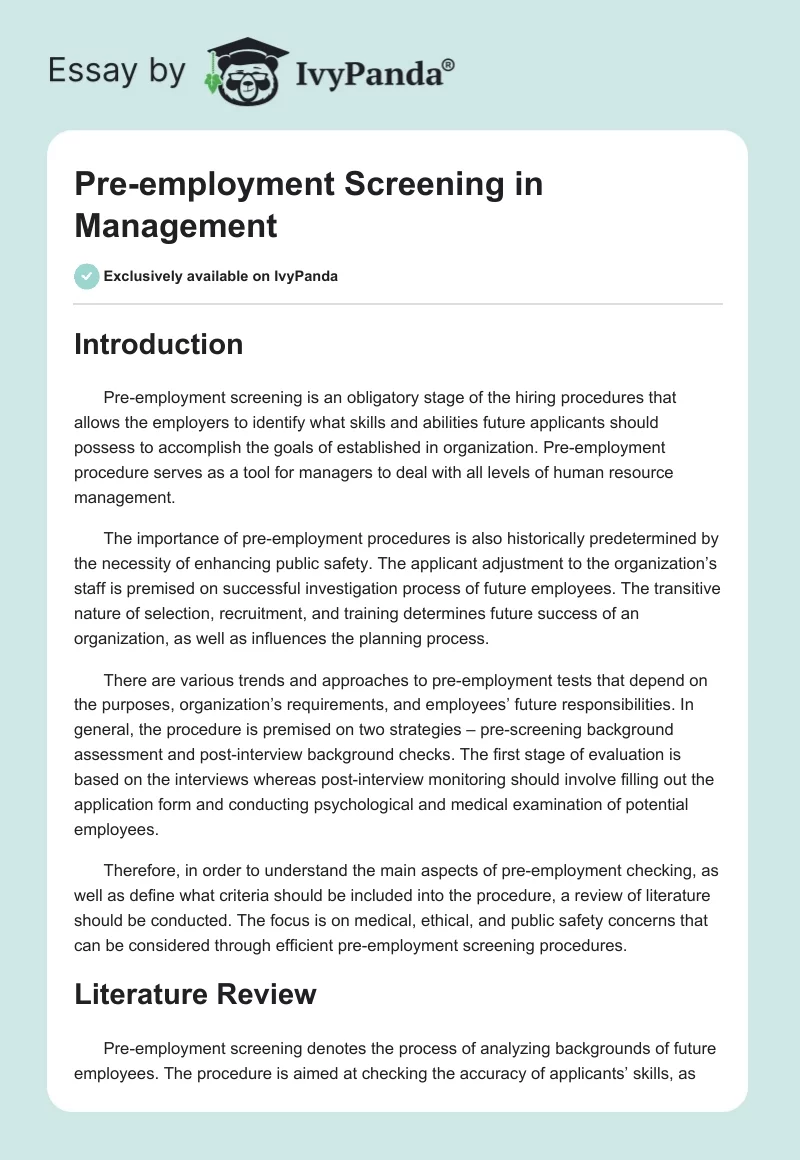 Pre-employment Screening in Management. Page 1