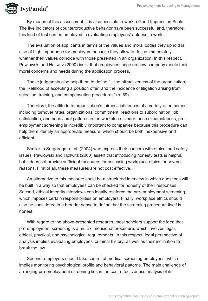 Pre-employment Screening in Management. Page 4