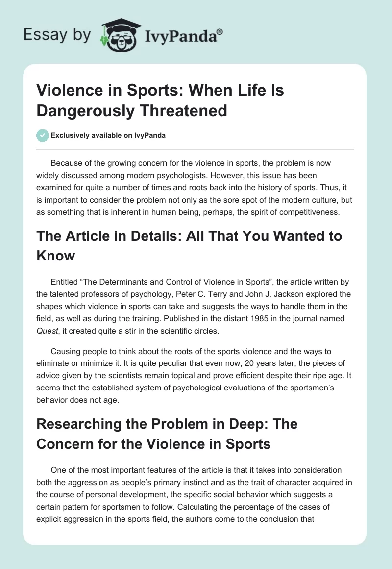 Violence in Sports: When Life Is Dangerously Threatened. Page 1