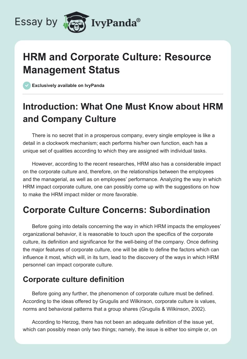HRM and Corporate Culture: Resource Management Status. Page 1