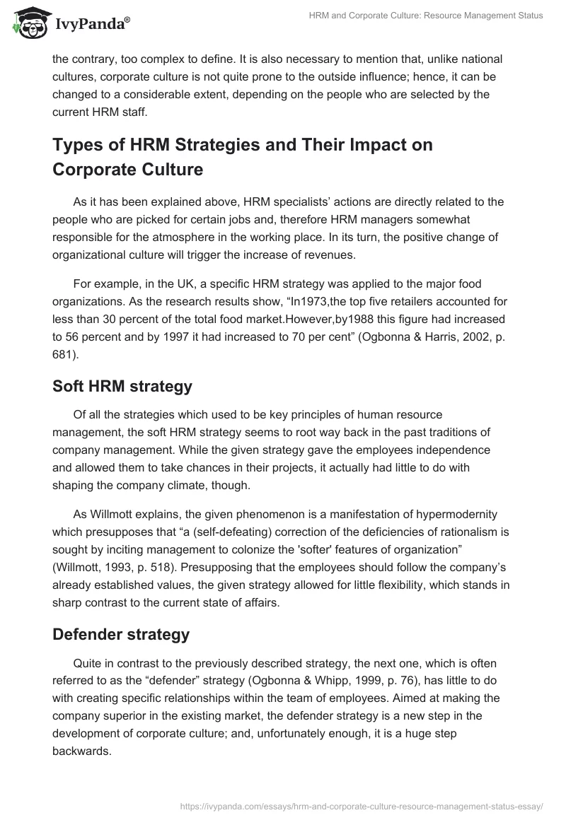 HRM and Corporate Culture: Resource Management Status. Page 2