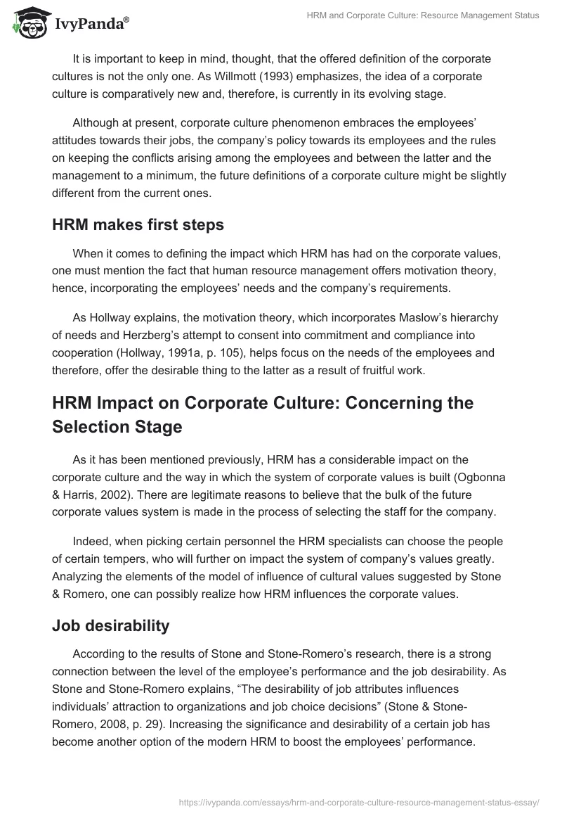 HRM and Corporate Culture: Resource Management Status. Page 4