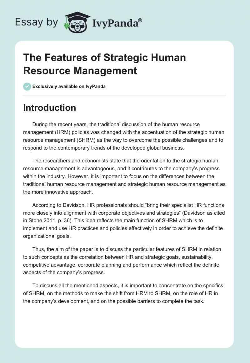 The Features of Strategic Human Resource Management. Page 1