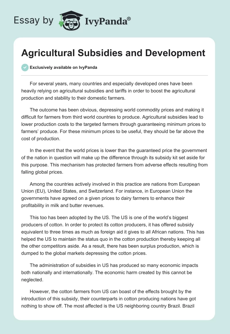 Agricultural Subsidies and Development. Page 1