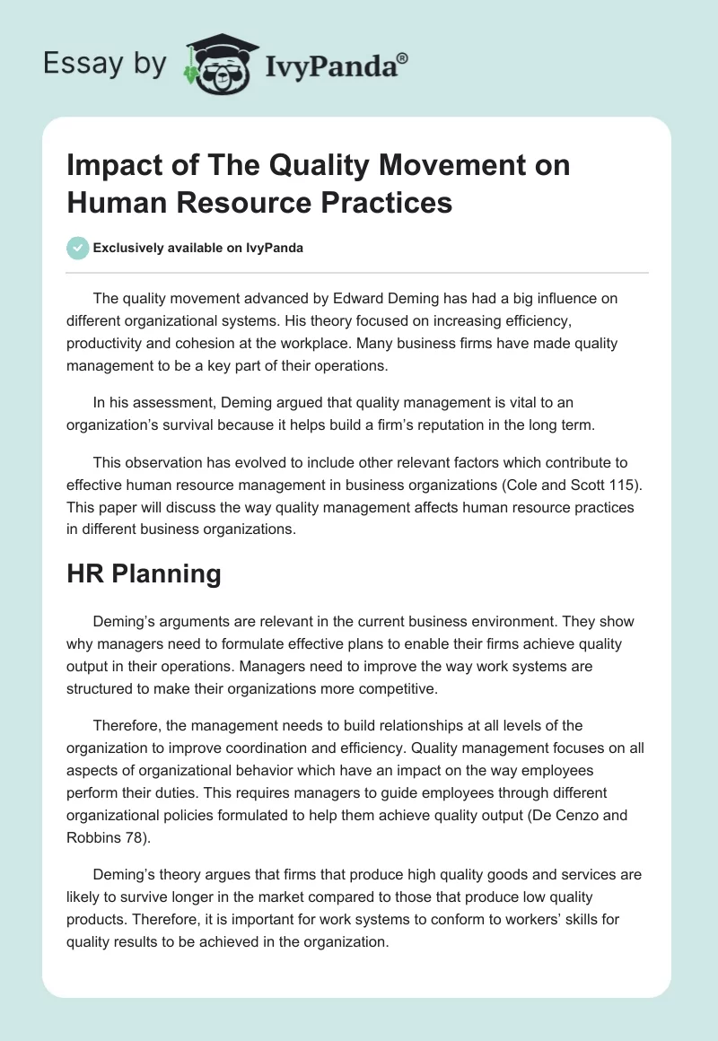 Impact of The Quality Movement on Human Resource Practices. Page 1