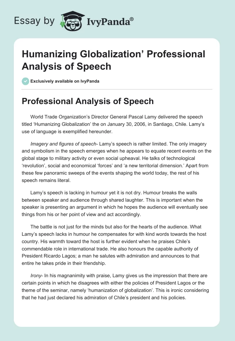Humanizing Globalization’ Professional Analysis of Speech. Page 1