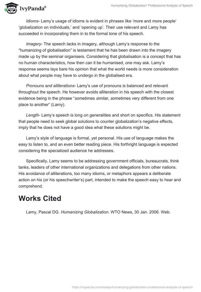 Humanizing Globalization’ Professional Analysis of Speech. Page 2