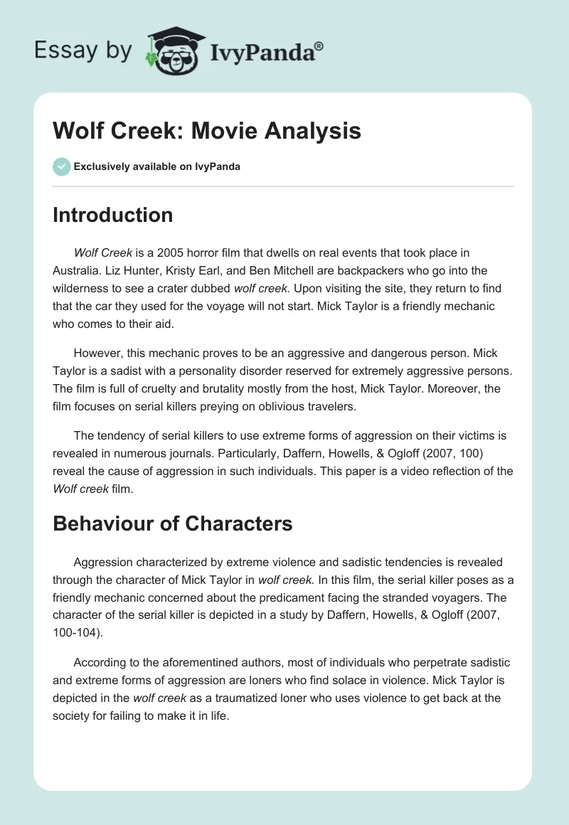 Wolf Creek: Movie Analysis. Page 1