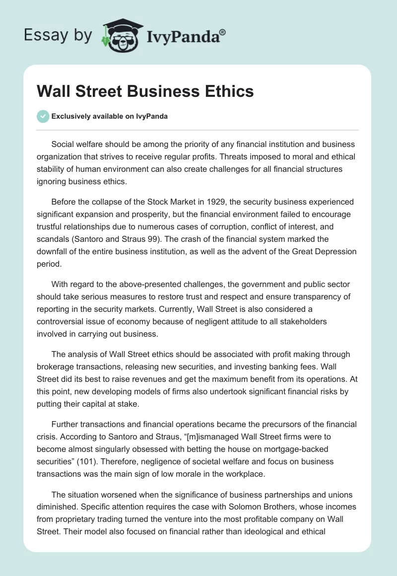 Wall Street Business Ethics. Page 1